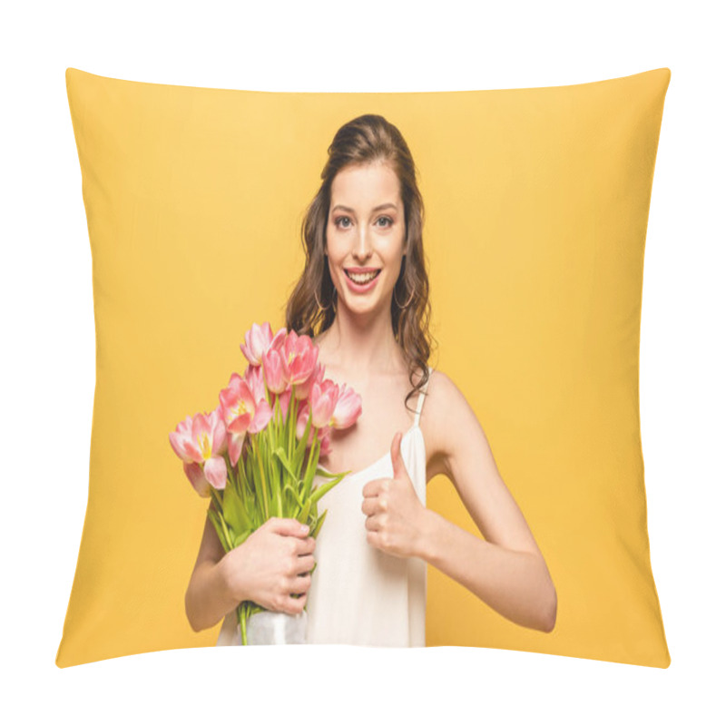 Personality  Happy Young Woman Holding Bouquet Of Pink Tulips While Looking At Camera And Showing Thumb Up Isolated On Yellow Pillow Covers