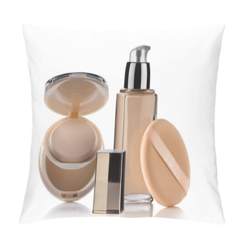 Personality  Close Up View Of Cosmetic Liquid Foundation With Powder On White Back Pillow Covers