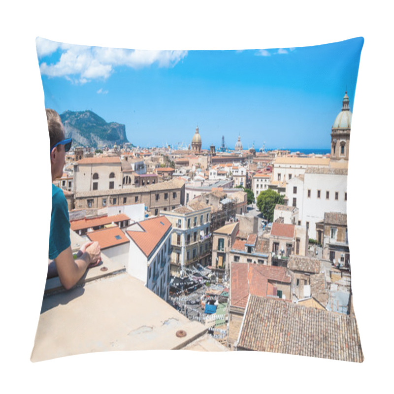 Personality  Young Tourist Observes The City Of Palermo From Above Pillow Covers