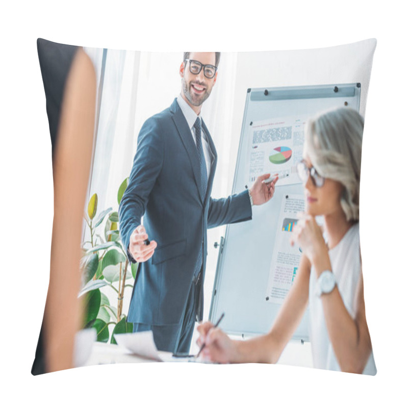 Personality  Happy Businessman Pointing On Flipchart During Presentation In Office Pillow Covers