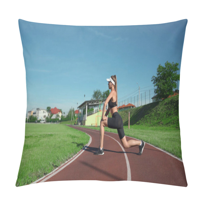 Personality  Young Woman Stretching Legs At Stadium. Pillow Covers