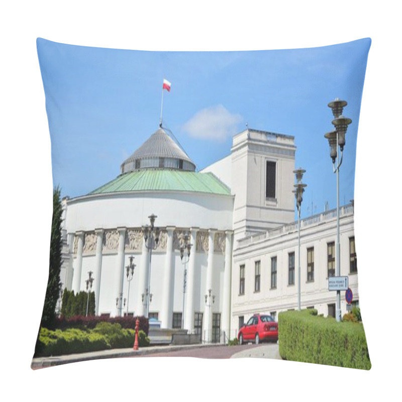 Personality  Warsaw, Poland. 9 May 2020. Exterior View Of Sejm Parliament Building  Pillow Covers