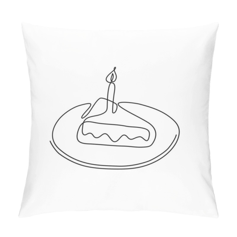 Personality  Continuous Line Drawing. A Piece Of Cake On A Plate. Birthday Pie With One Candle. Black Isolated On White Background. Hand Drawn Vector Illustration.  Pillow Covers