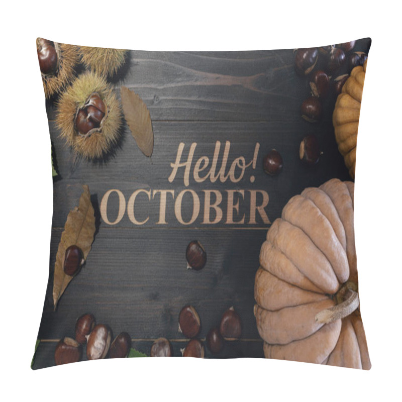 Personality  Hello October Background: Chestnuts And Pumpkins On A Wooden Table Pillow Covers