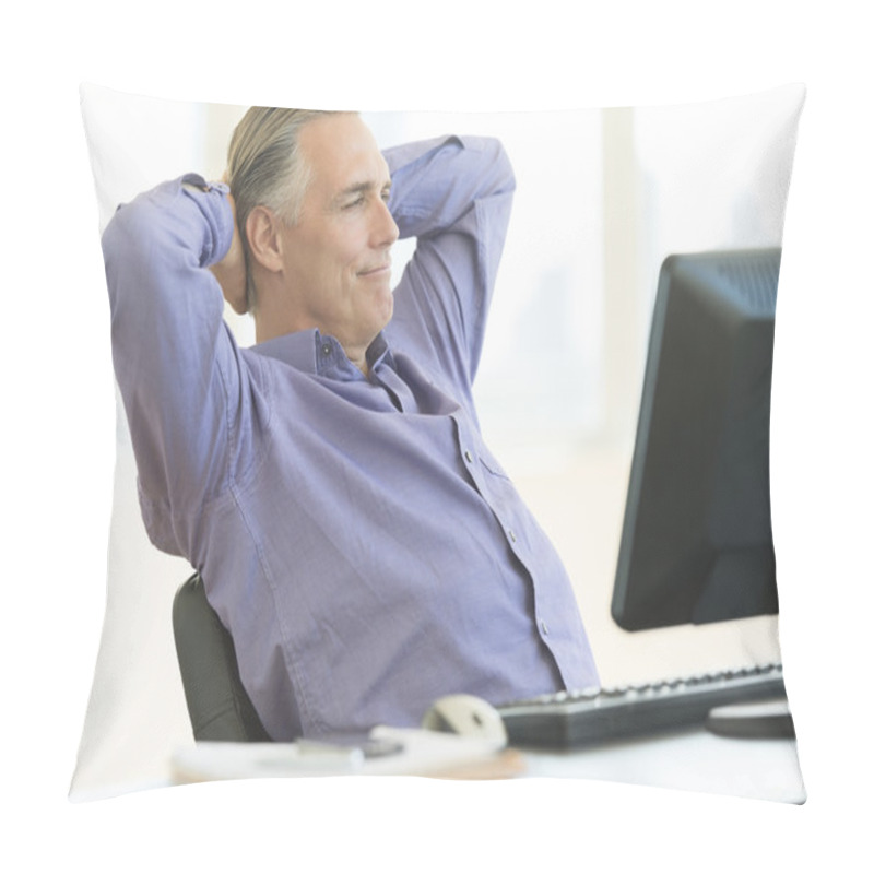 Personality  Relaxed Businessman Sitting With Hands Behind Head At Desk Pillow Covers