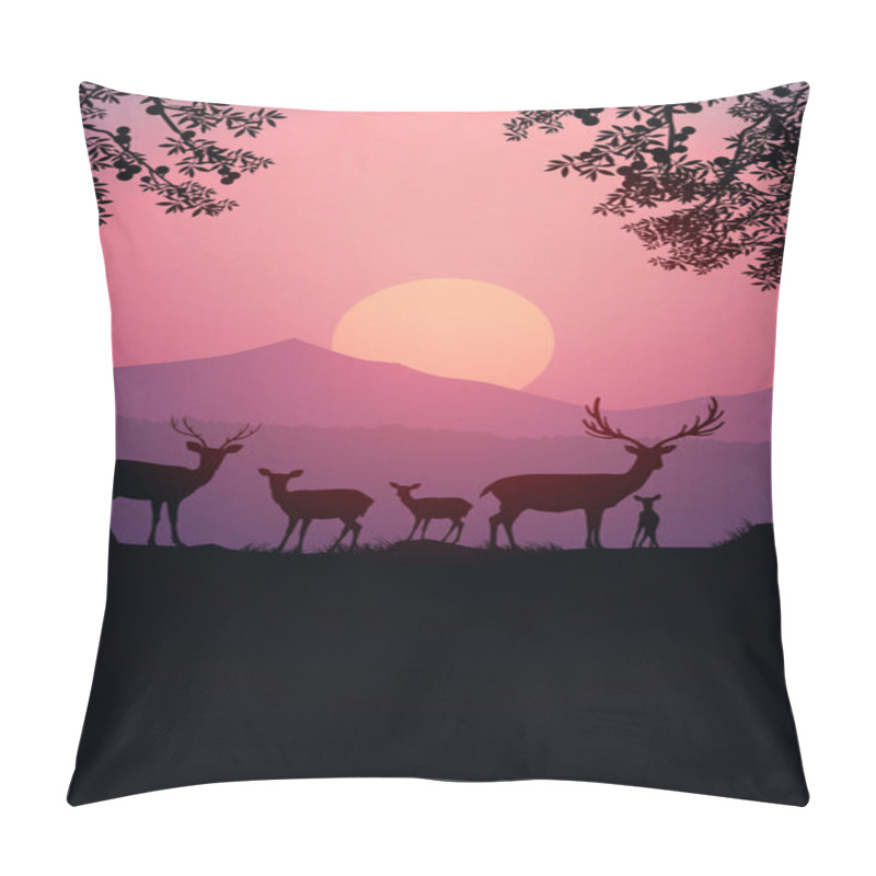 Personality  Herd Of Deer In The Natural Forest. Wild Animals. Mountains Horizon Hills Silhouettes Of Trees. Evening Sunrise And Sunset. Landscape Wallpaper. Illustration Vector Style. Colorful View Background.   Pillow Covers