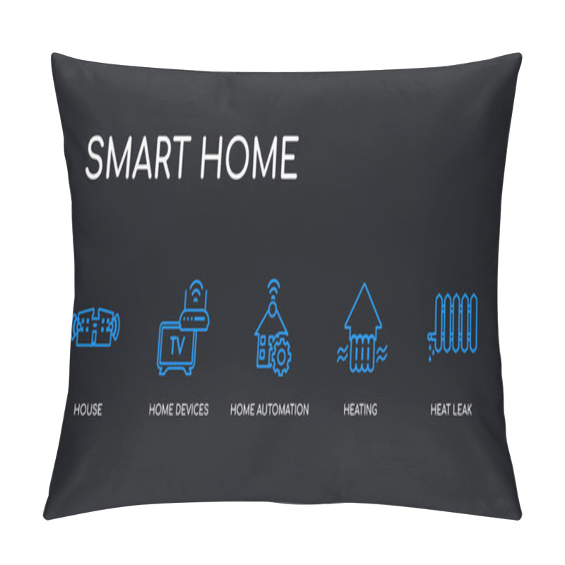 Personality  5 Outline Stroke Blue Heat Leak, Heating, Home Automation, Home Devices, House Icons From Smart Home Collection On Black Background. Line Editable Linear Thin Icons. Pillow Covers