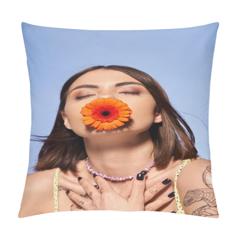 Personality  A Young Woman With Brunette Hair Elegantly Holds A Delicate Flower In Her Mouth In A Studio Setting. Pillow Covers