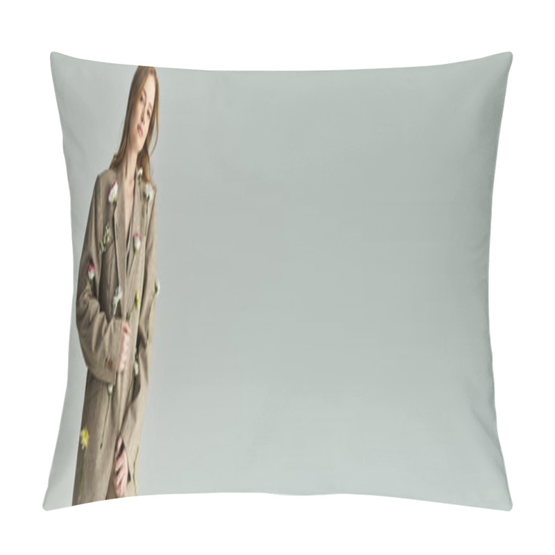 Personality  A Beautiful Young Woman Stands Gracefully, Surrounded By Delicate Flowers. Pillow Covers