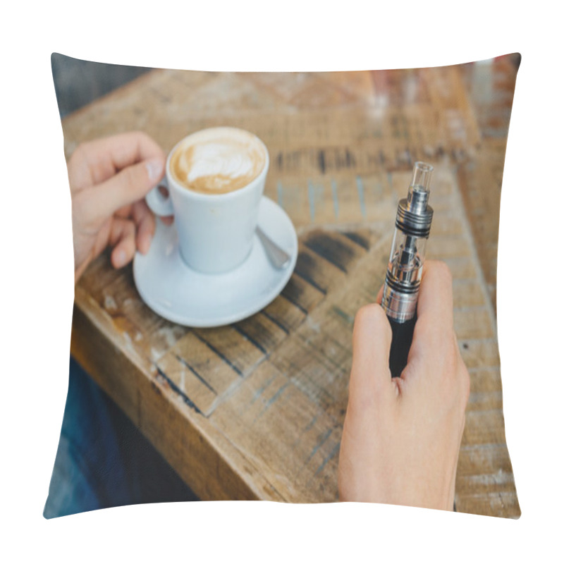 Personality  Man Holding Vape Or Electronic Cigarette And Drinking Coffee Pillow Covers