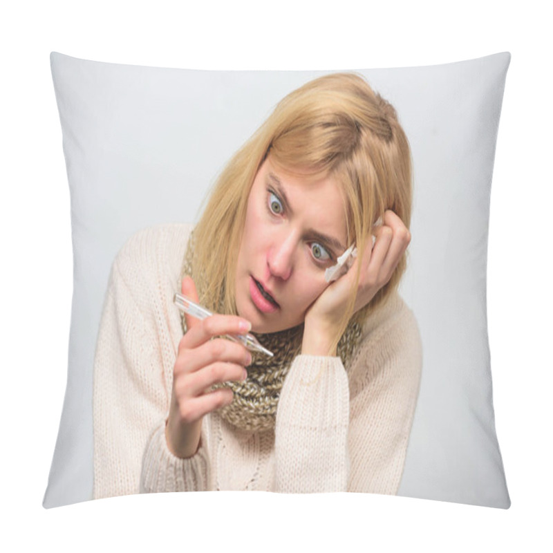 Personality  Measure Temperature. Break Fever Remedies. Take Temperature And Assess Symptoms. High Temperature Concept. Woman Feels Badly Ill Sneezing. Girl In Scarf Hold Thermometer And Tissue Close Up Pillow Covers