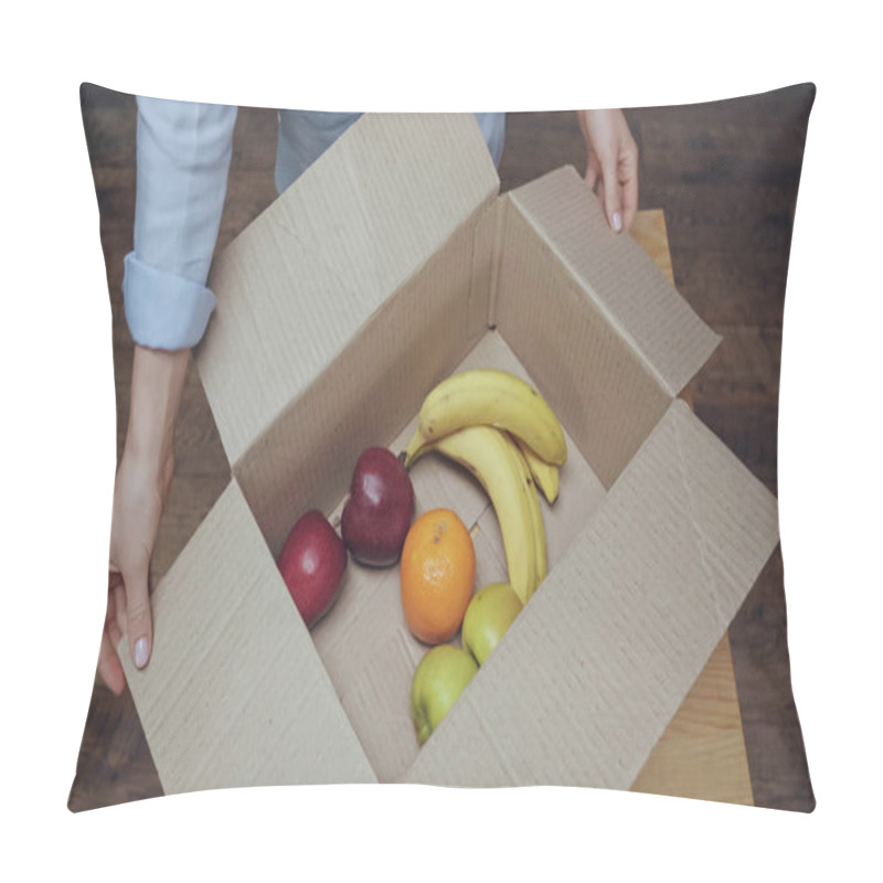 Personality  Cropped View Of Woman Opening Carton Box With Fresh Fruits At Home  Pillow Covers