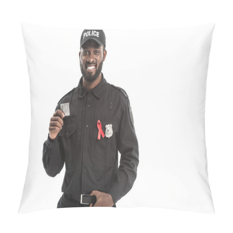 Personality  Smiling African American Police Officer With Aids Awareness Red Ribbon Holding Condom Isolated On White Pillow Covers