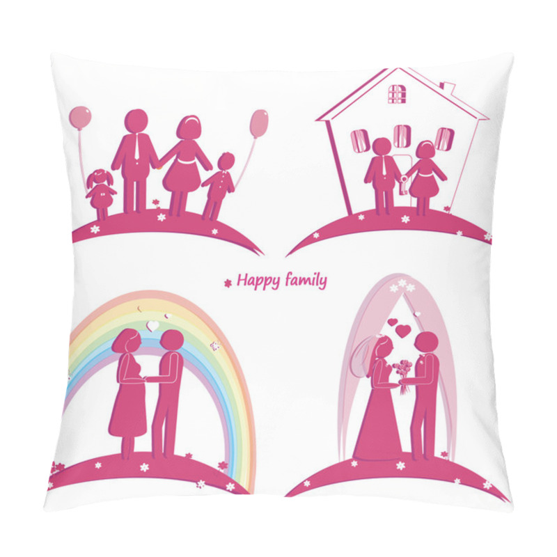 Personality  Set Of Happy Family Icons. Symbol Of Wedding. Family House. Pregnancy And Parents With Doughter And Son Pillow Covers