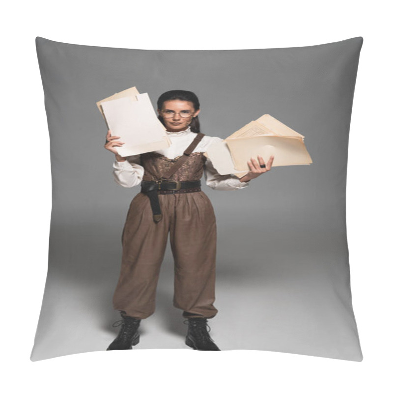 Personality  Full Length View Of Steampunk Woman In Glasses Holding Documents On Grey Pillow Covers