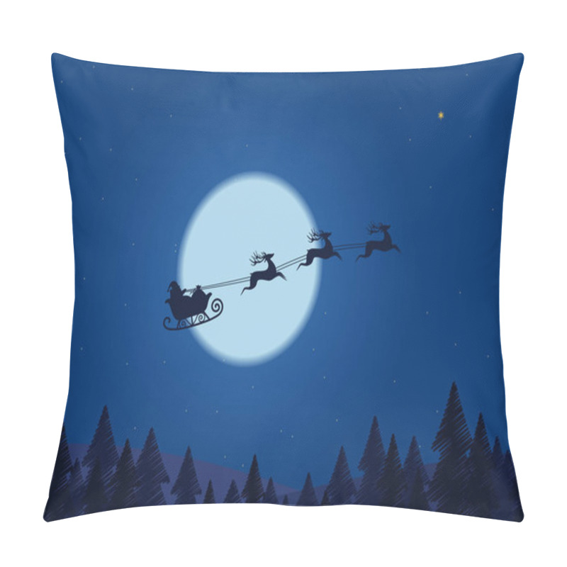 Personality  Santa Flying Through The Night Sky Under The Christmas Forest. Santa Sleigh Driving Over Line Drawing Woods Near Big Moon In Night. Pillow Covers