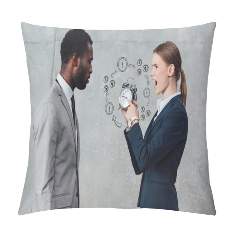 Personality  African American Businessman Looking At Yelling Businesswoman Pointing At Clock With Coins Illustration Around Pillow Covers