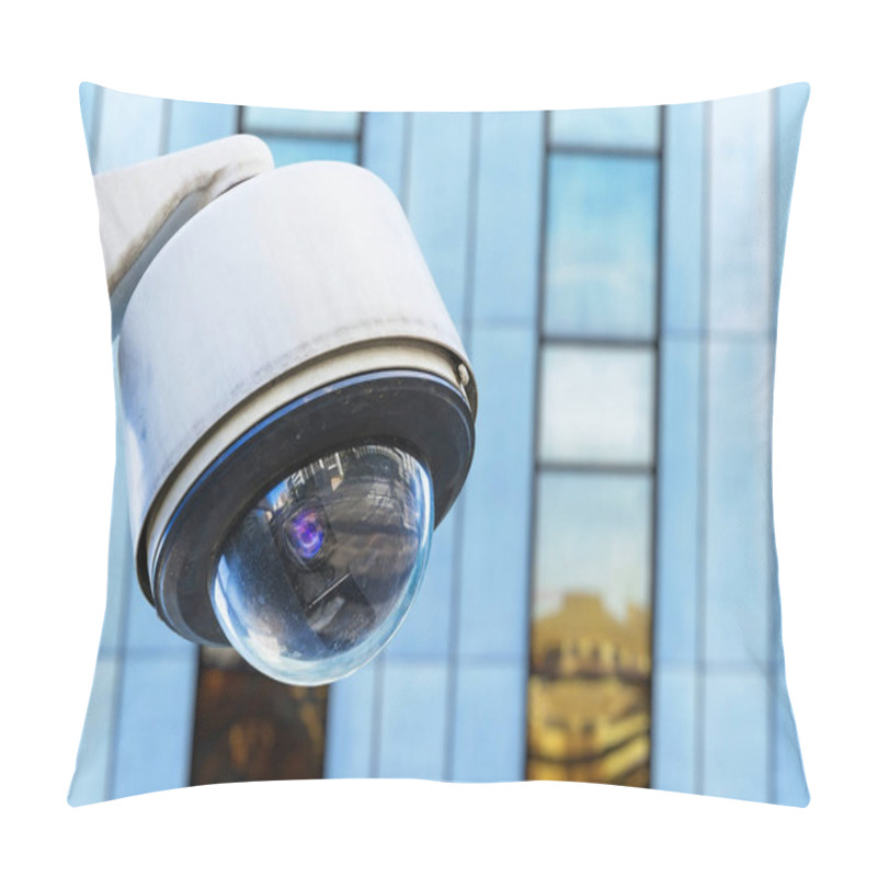 Personality  Cctv Security Camera In A City With Blury Business Building On Background Pillow Covers