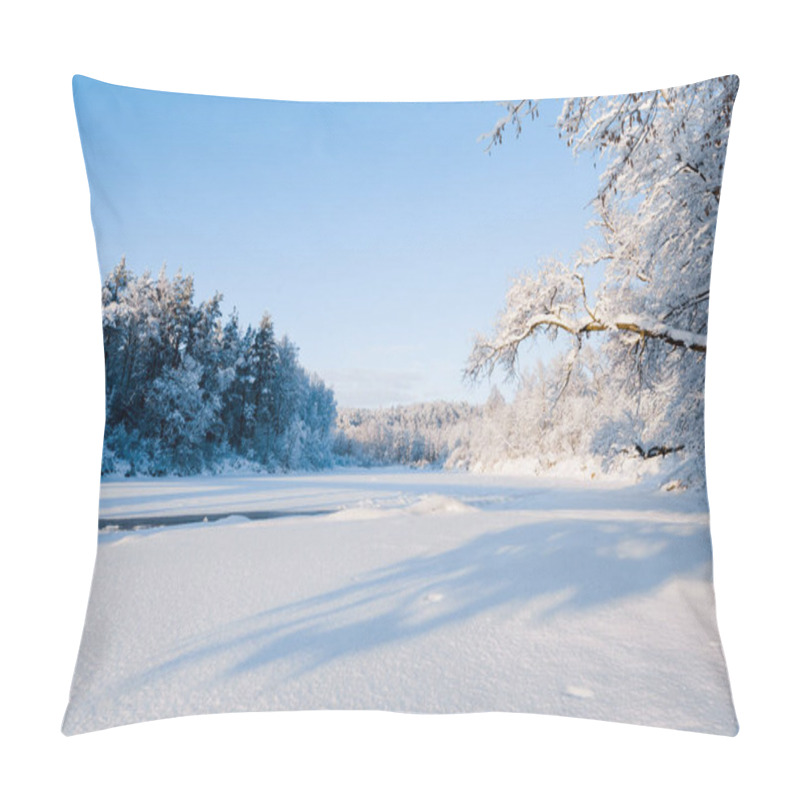 Personality  Frozen River And Snow-covered Forest After A Blizzard In A Morning Haze. Clear Blue Sky. Winter Wonderland. Gauja National Park, Sigulda, Latvia Pillow Covers