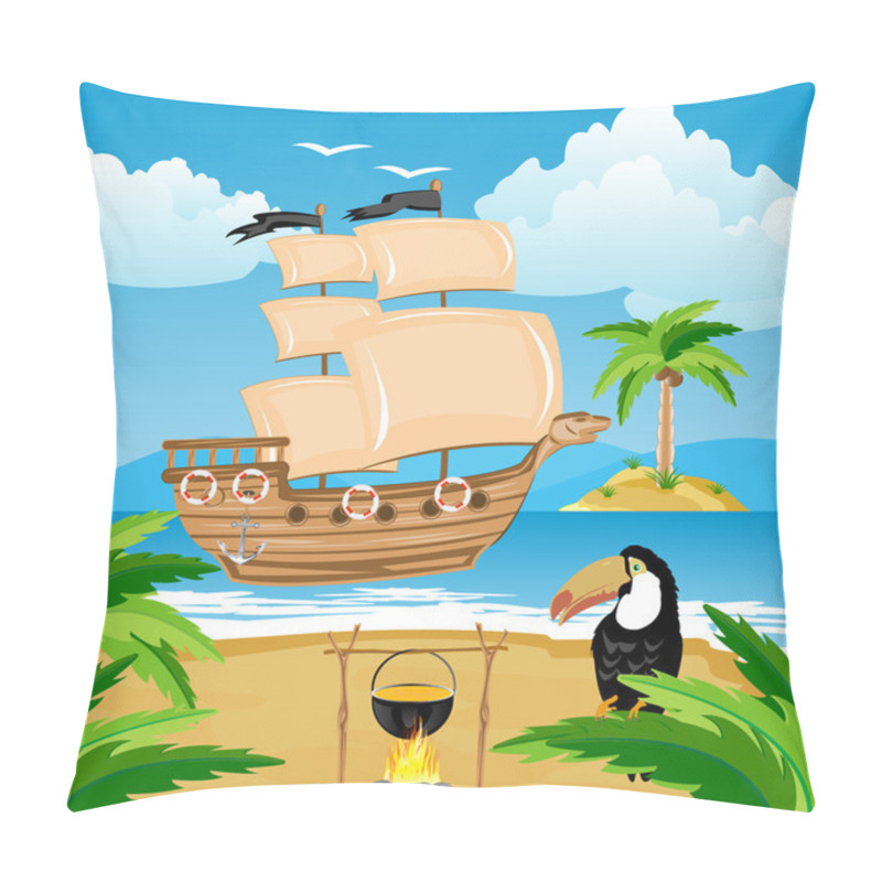 Personality  Nave With Sail Beside Coast In Tropic Pillow Covers