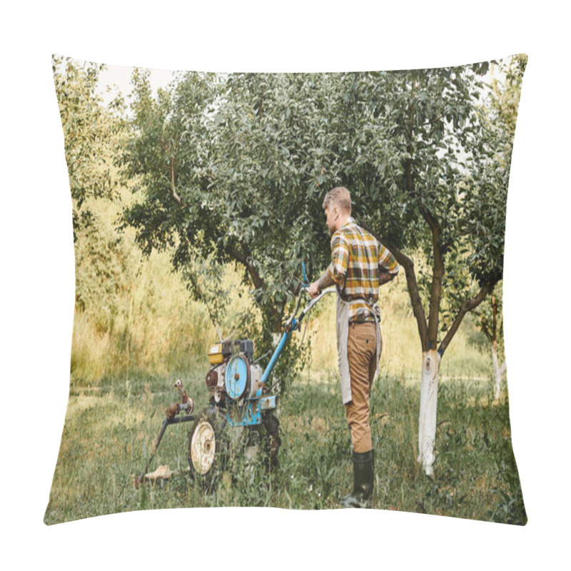 Personality  Handsome Bearded Man In Casual Attire With Tattoos Using Lawnmower While In Garden On His Farm Pillow Covers