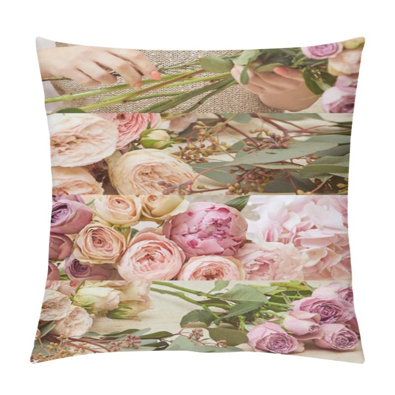 Personality  Collage Of Florist Holding Flowers, Pink Peonies, Eustoma And Hydrangea  Pillow Covers