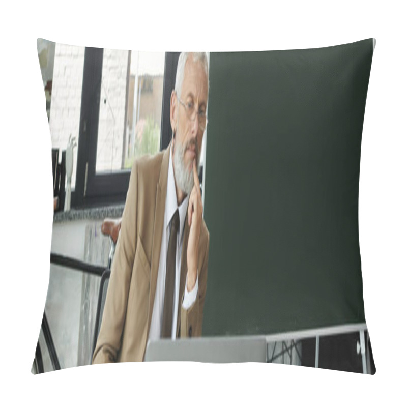 Personality  A Mature Man With A Beard Sits In Front Of A Laptop, Thoughtfully Teaching Online, Lgbtq Teacher Pillow Covers