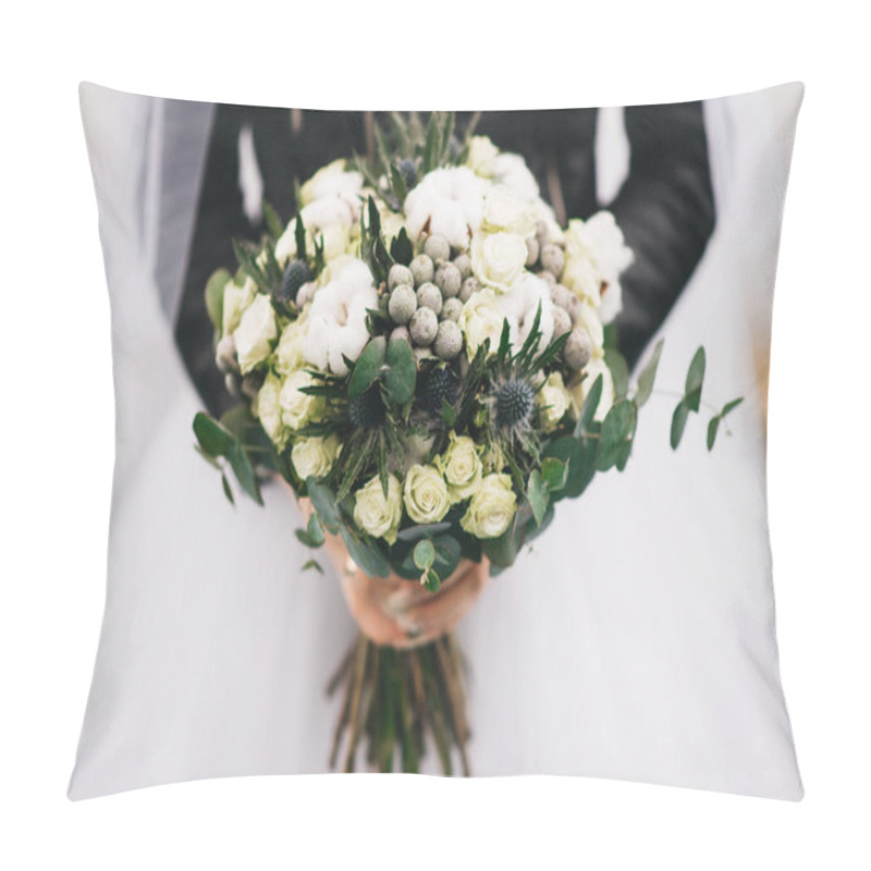 Personality  Wedding Bouquet In The Hands Of The Bride. Khimki Bouquet With White Roses, Cotton, Thorns And Greenery Pillow Covers