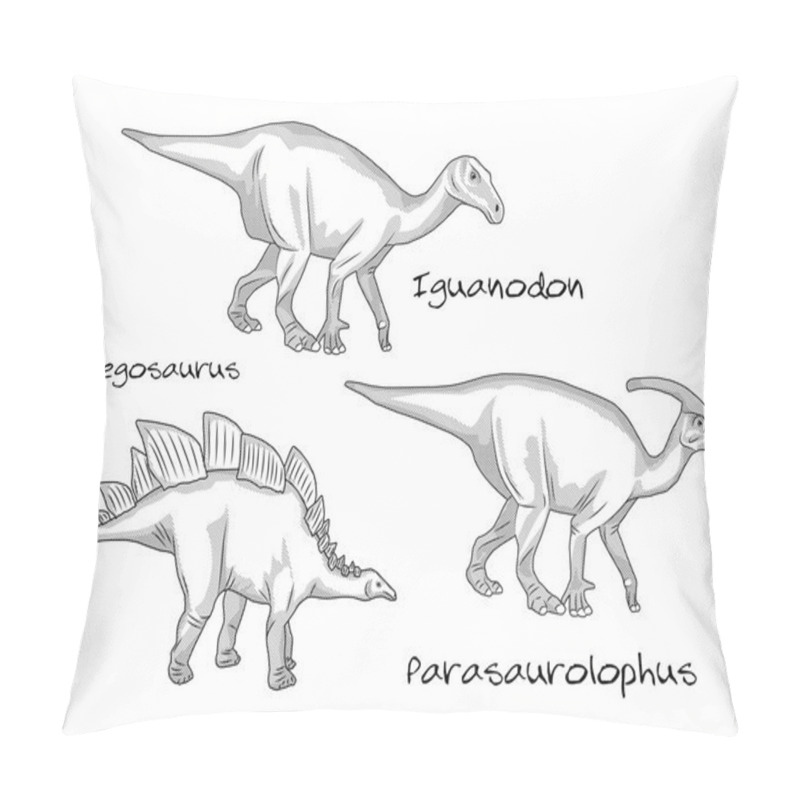 Personality  Thin Line Engraving Style Illustrations, Various Kinds Of Prehistoric Dinosaurs, It Includes Stegosaurus, Parasaurolophus, Iguanodon Pillow Covers