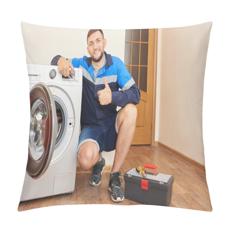 Personality  Plumber In Overalls With Tools Is Repairing A Washing Machine In The House Pillow Covers