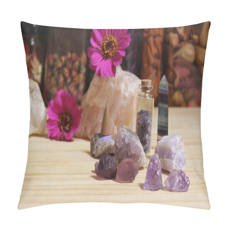 Personality  Amethyst Crystals With Flowers And Incense Cones On Meditation Altar Pillow Covers