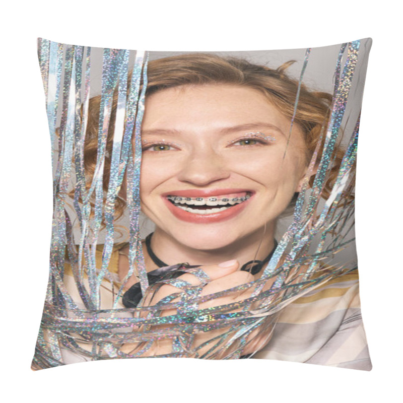 Personality  A Cheerful Young Woman Smiles Broadly While Playfully Surrounded By Sparkling Ribbons. Pillow Covers