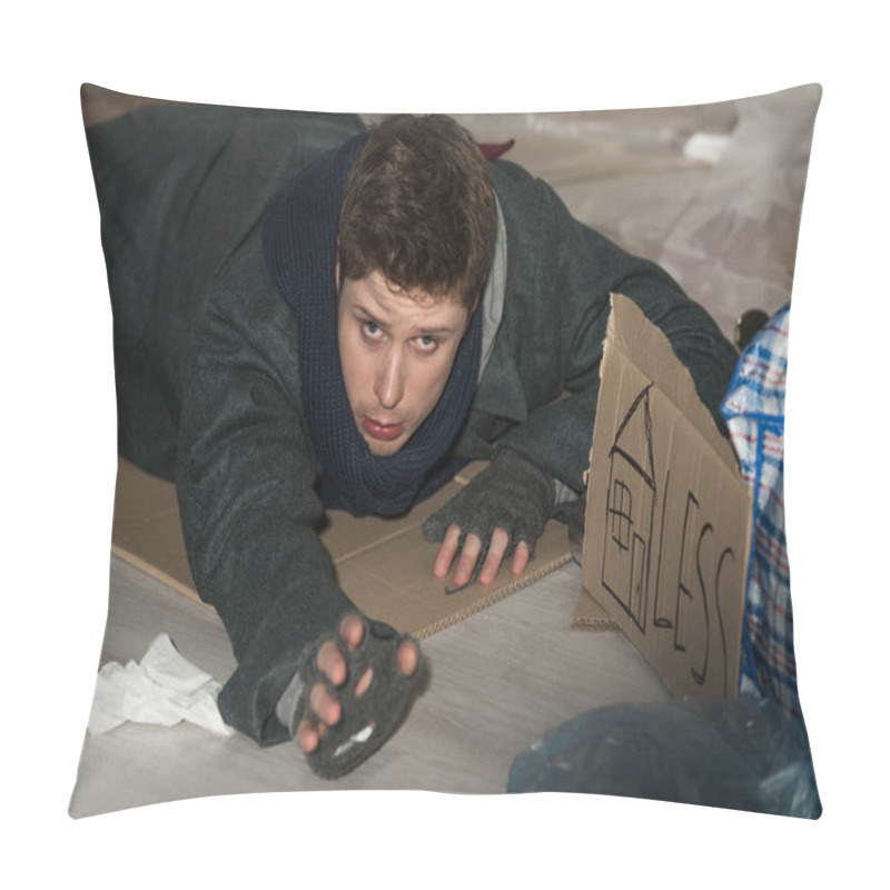 Personality  Exhausted Homeless Man Lying On Cardboard In Rubbish Dump And Stretching Hand Pillow Covers