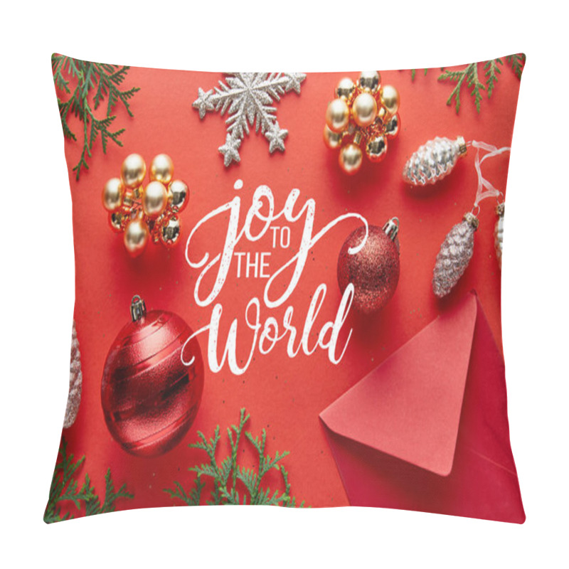 Personality  Top View Of Shiny Christmas Decoration, Envelope And Thuja On Red Background With Joy To The World Illustration Pillow Covers