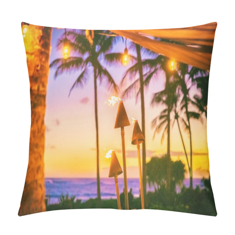 Personality  Hawaii Luau Party With Fire Torches At Sunset. Hawaiian Icon, Lights Burning At Dusk At Waikiki Beach Resort Restaurant For Outdoor Lighting Cozy Atmosphere. Pillow Covers