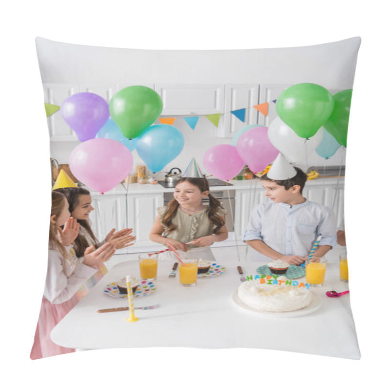 Personality  Happy Children Clapping Hands And Singing Happy Birthday Song Next To Cake With Candles And Balloons  Pillow Covers