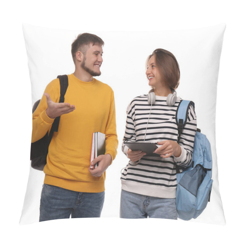 Personality  Young Students With Backpacks, Books And Tablet On White Background Pillow Covers