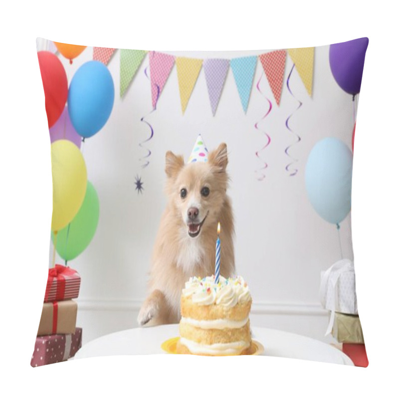 Personality  Cute Dog Wearing Party Hat At Table With Delicious Birthday Cake In Decorated Room Pillow Covers