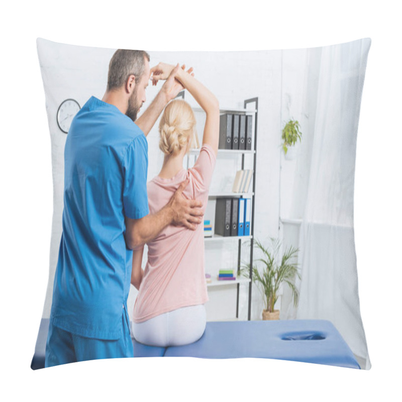 Personality  Physiotherapist Stretching Patients Arm On Massage Table In Hospital Pillow Covers