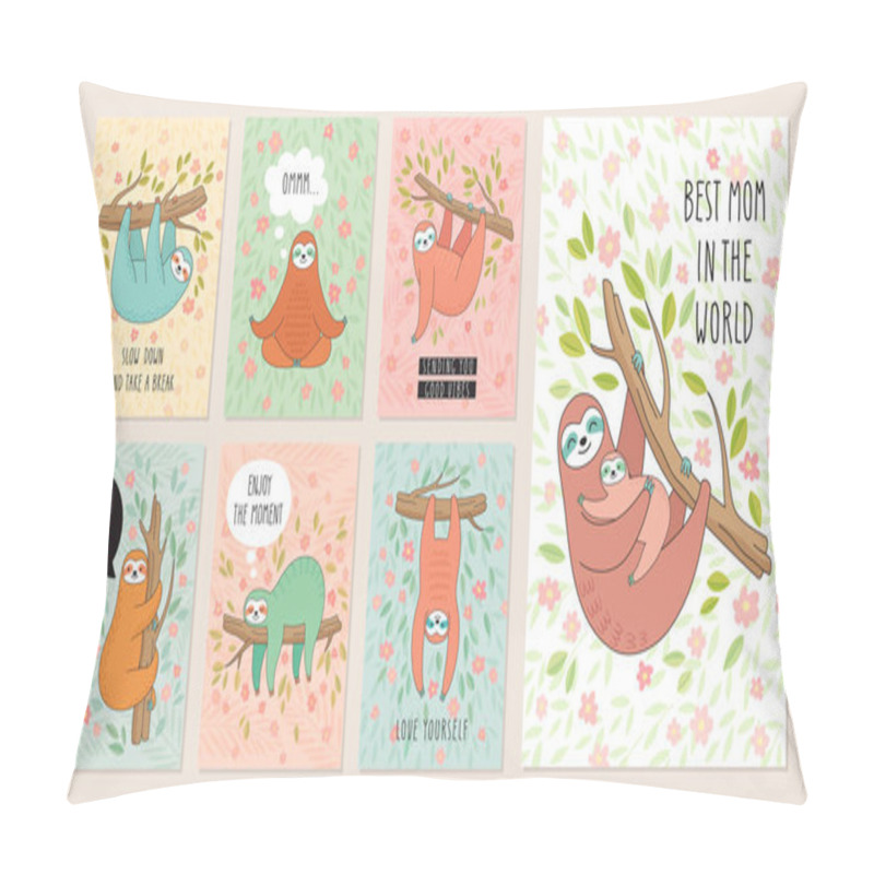 Personality  Set Of Cards With Cute Hand Drawn Sloths Hanging On The Tree. Lazy Animal Characters. Jungle Animal Flyers Collection. Pillow Covers