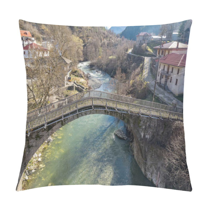 Personality  Aerial View Of  Vovousa Village And Aoos River  Located Next To Valia Calda Pindus National Park On East Zagori, Epirus, Greece. Pillow Covers