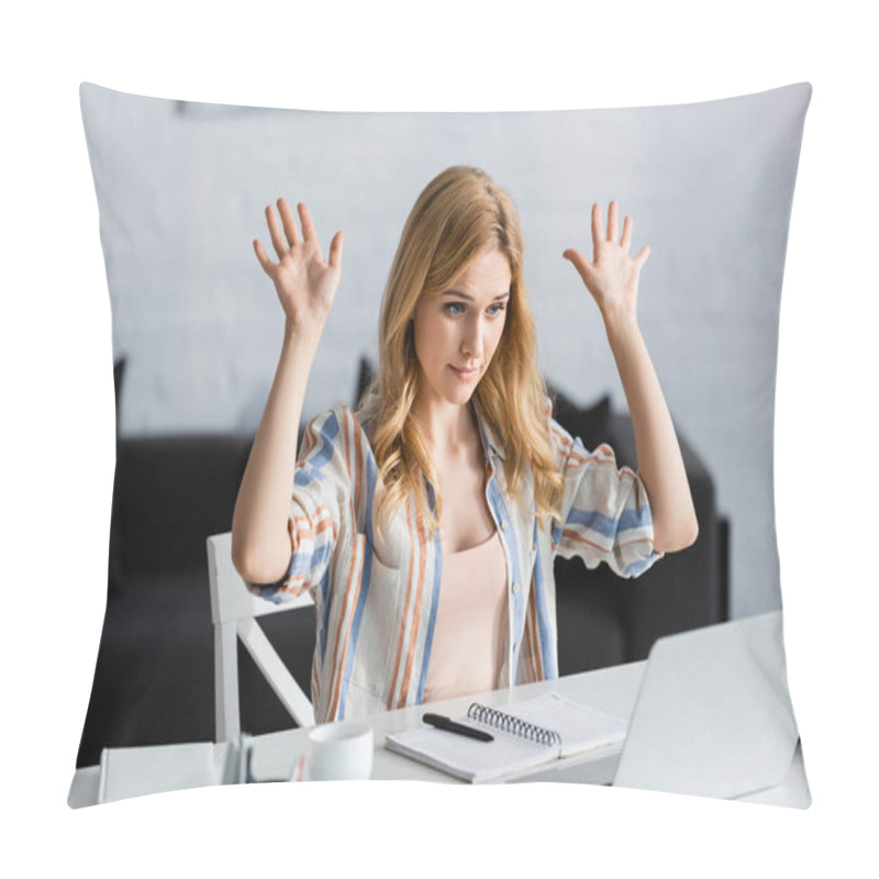 Personality  Selective Focus Of Woman Showing Hands In Front Of Laptop Pillow Covers