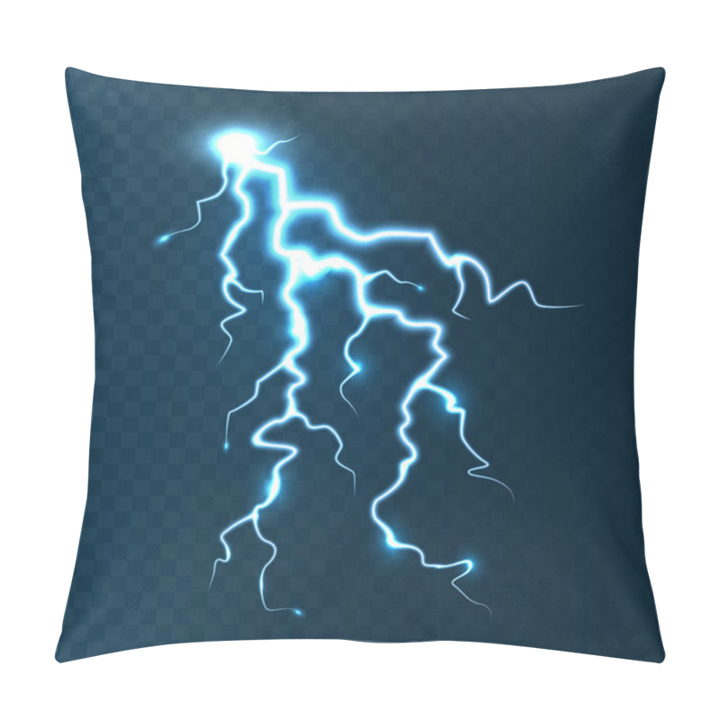 Personality  Realistic Lightning On Blue Transparent Background. Thunderstorm And Lightning Bolt. Sparks Of Light. Stormy Weather Effect. Vector Illustration. Pillow Covers