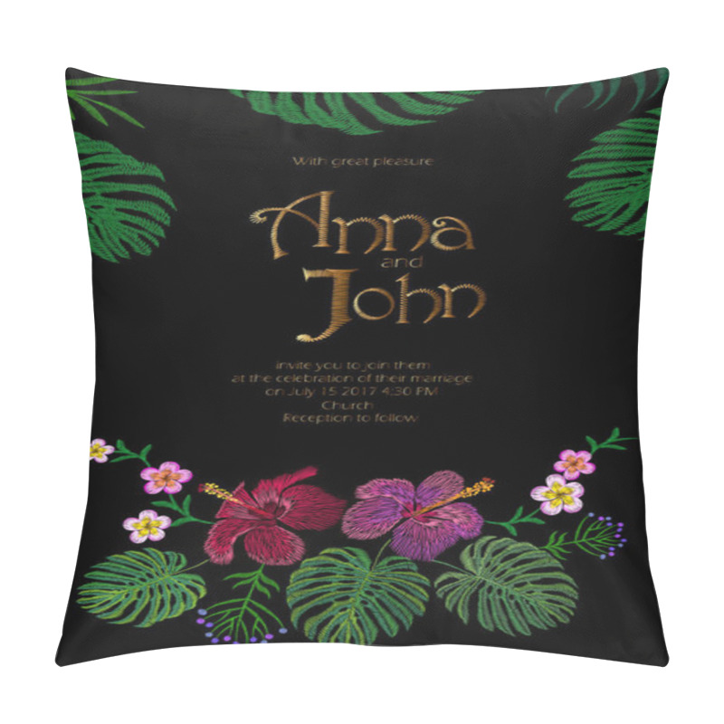 Personality  Wedding Invitation Design With Jungle Hawaii Flowers. Save The Date Card With Tropical Exotic Palm Monstera Leaves. Hibiscus, Plumeria, Frangipani Golden Embroidery Vector Illustration Pillow Covers