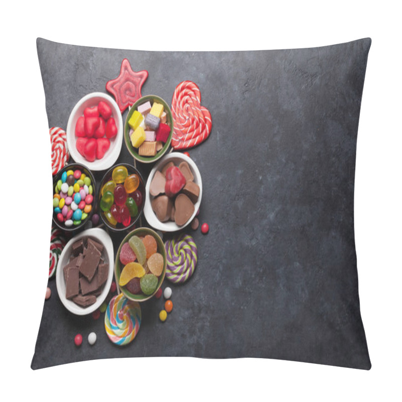 Personality  Colorful Sweets. Lollipops, Macaroons, Marshmallow, Marmalade And Candies. Top View With Space For Your Greetings Pillow Covers