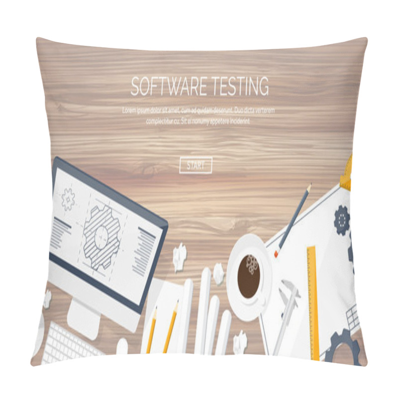 Personality  Vector Illustration. Engineering And Architecture. Computer, Software. Drawing, Construction.  Architectural Project. Design, Sketching. Workspace With Tools. Planning, Building. Wooden Background. Pillow Covers