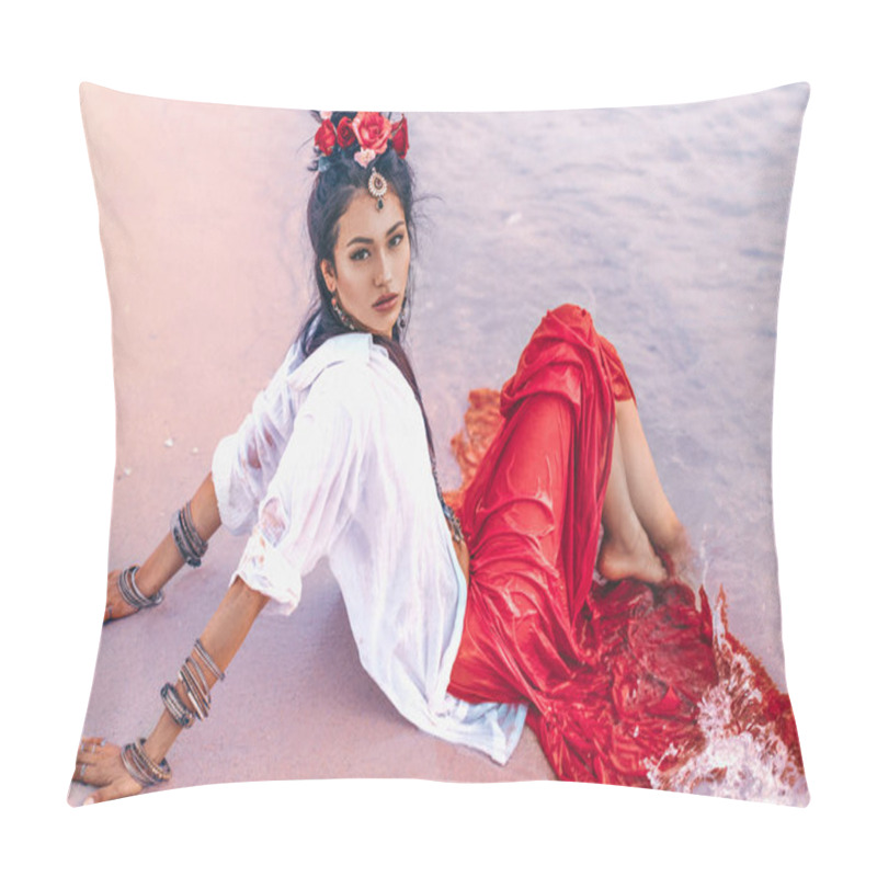 Personality  Beautiful Young Stylish Boho Woman On The Beach At Sunset Pillow Covers