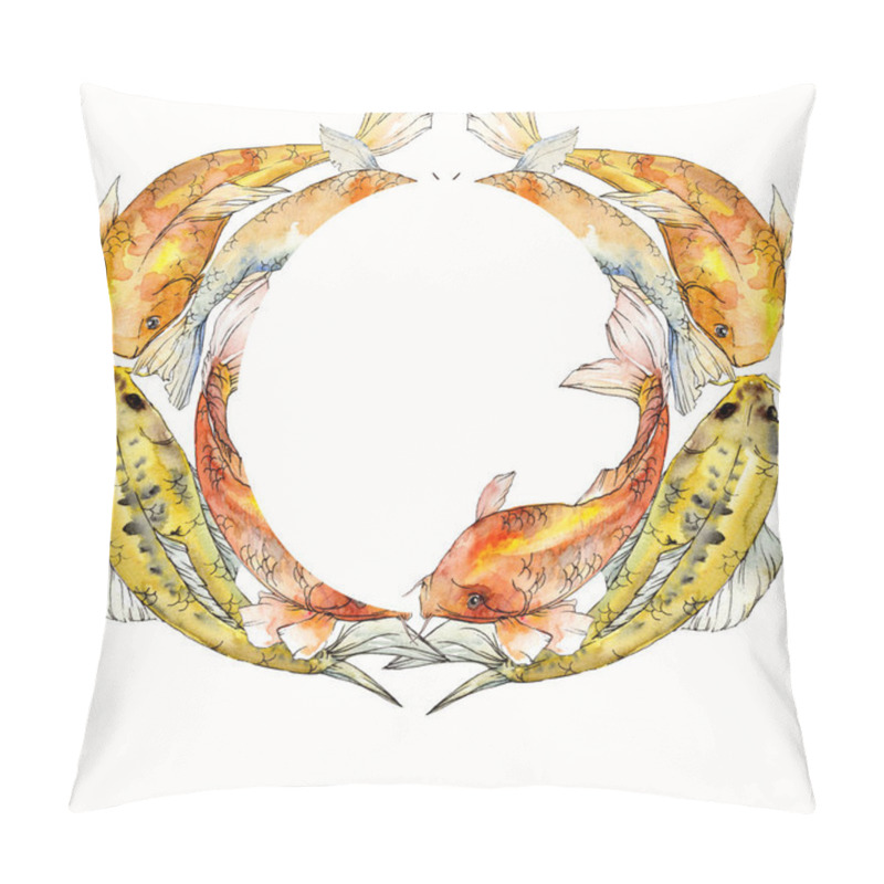 Personality  Watercolor Aquatic Underwater Tropical Fish Set. Red Sea And Exotic Fishes Inside: Goldfish. Frame Border Square. Pillow Covers