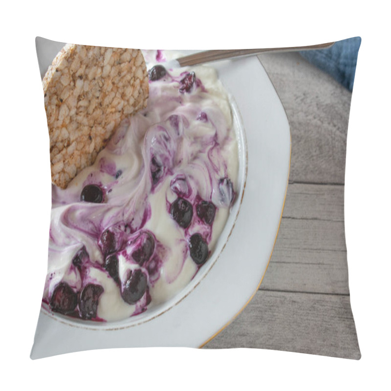 Personality  Delicious Islandic Skyr With Sour Cherries And Honey Served With A Gluten Free Brown Rice Cracker On A Plate. Isolated And Closeup View Pillow Covers