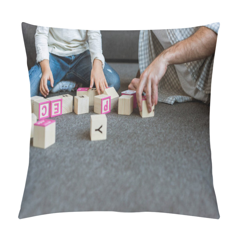 Personality  Cropped Image Of Father With Daughter Making Words By Cubes With Letters At Home Pillow Covers